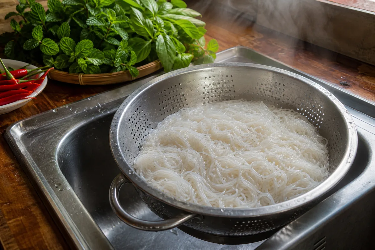 Vermicelles de riz rincés à l&rsquo;eau froide dans une passoire posée sur un évier en inox