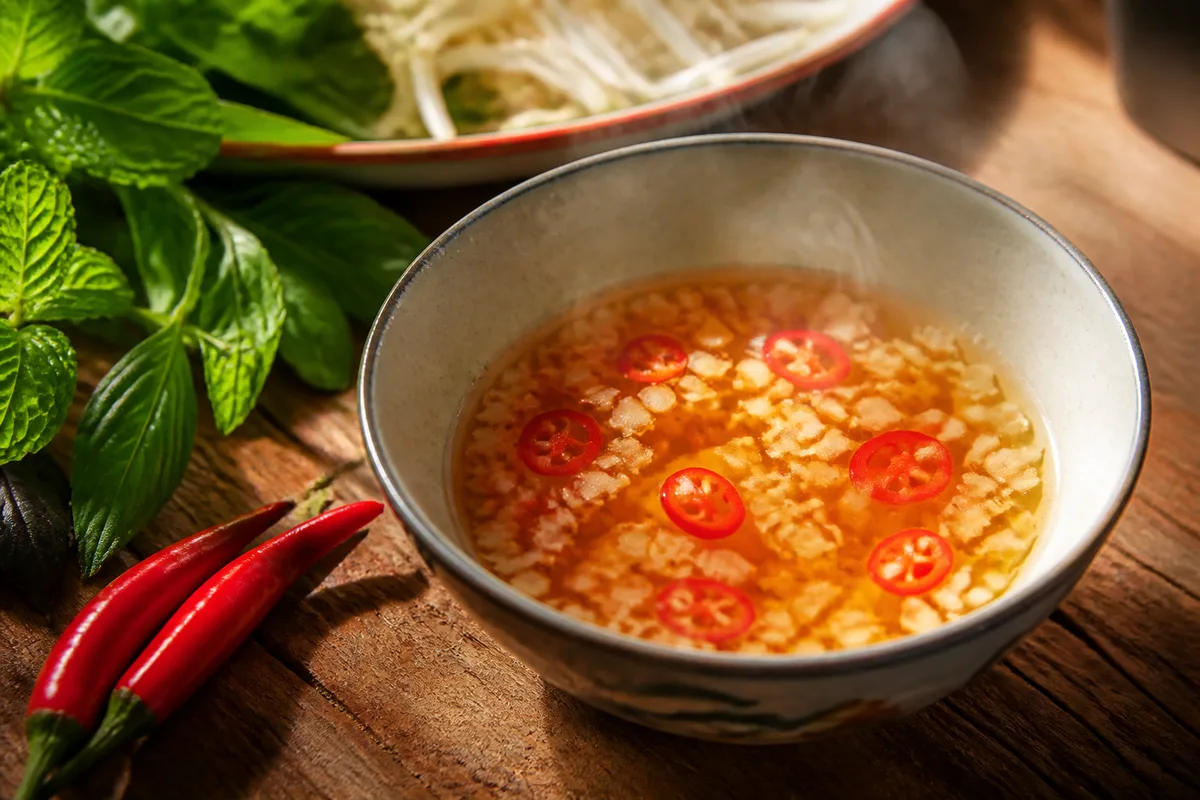 Bol de sauce nuoc-mâm claire avec ail pilé et rondelles de piment rouge en surface
