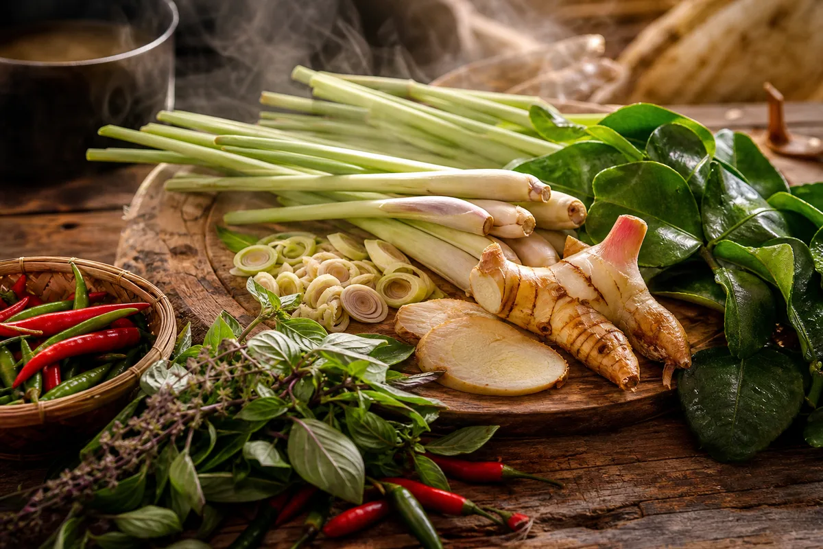 Étal d&rsquo;aromates thaïs : citronnelle, galanga, feuilles de combava et basilic thaï posés sur du bois