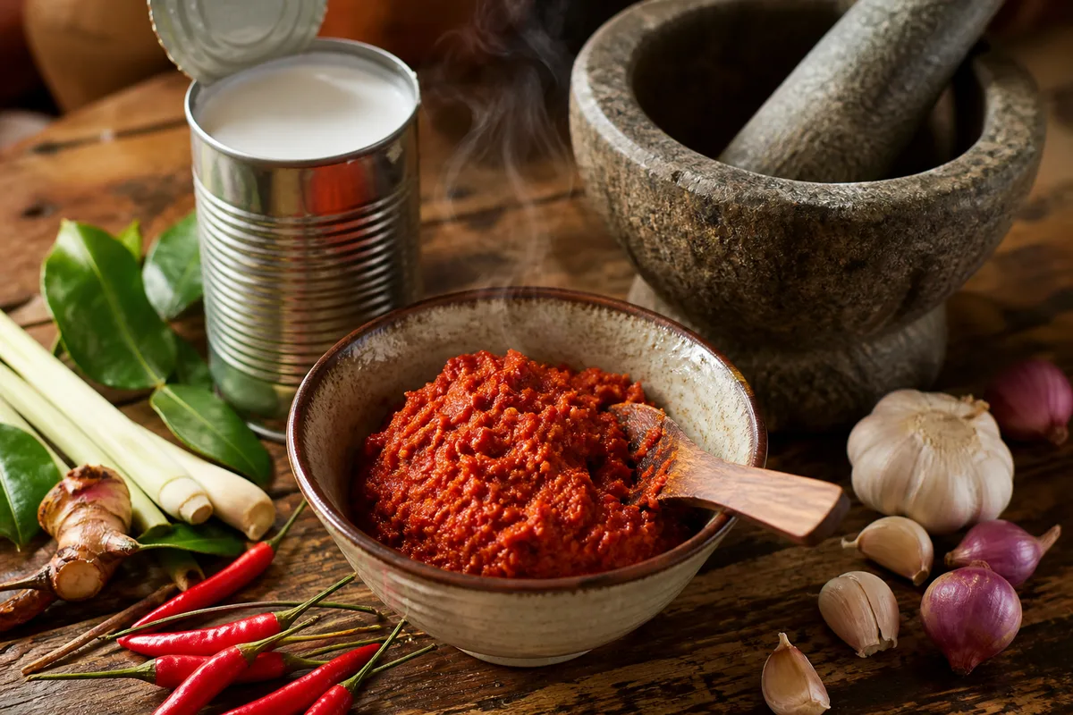 Bol de pâte de curry rouge à côté d&rsquo;une boîte de lait de coco ouverte et d&rsquo;un mortier en pierre