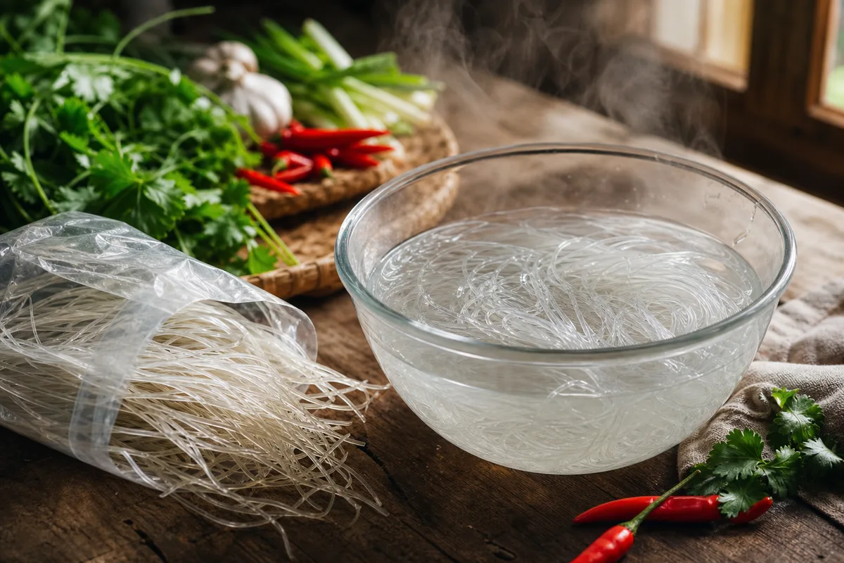 Vermicelles de haricot mungo transparents dans un bol d&rsquo;eau tiède, à côté de leur sachet ouvert