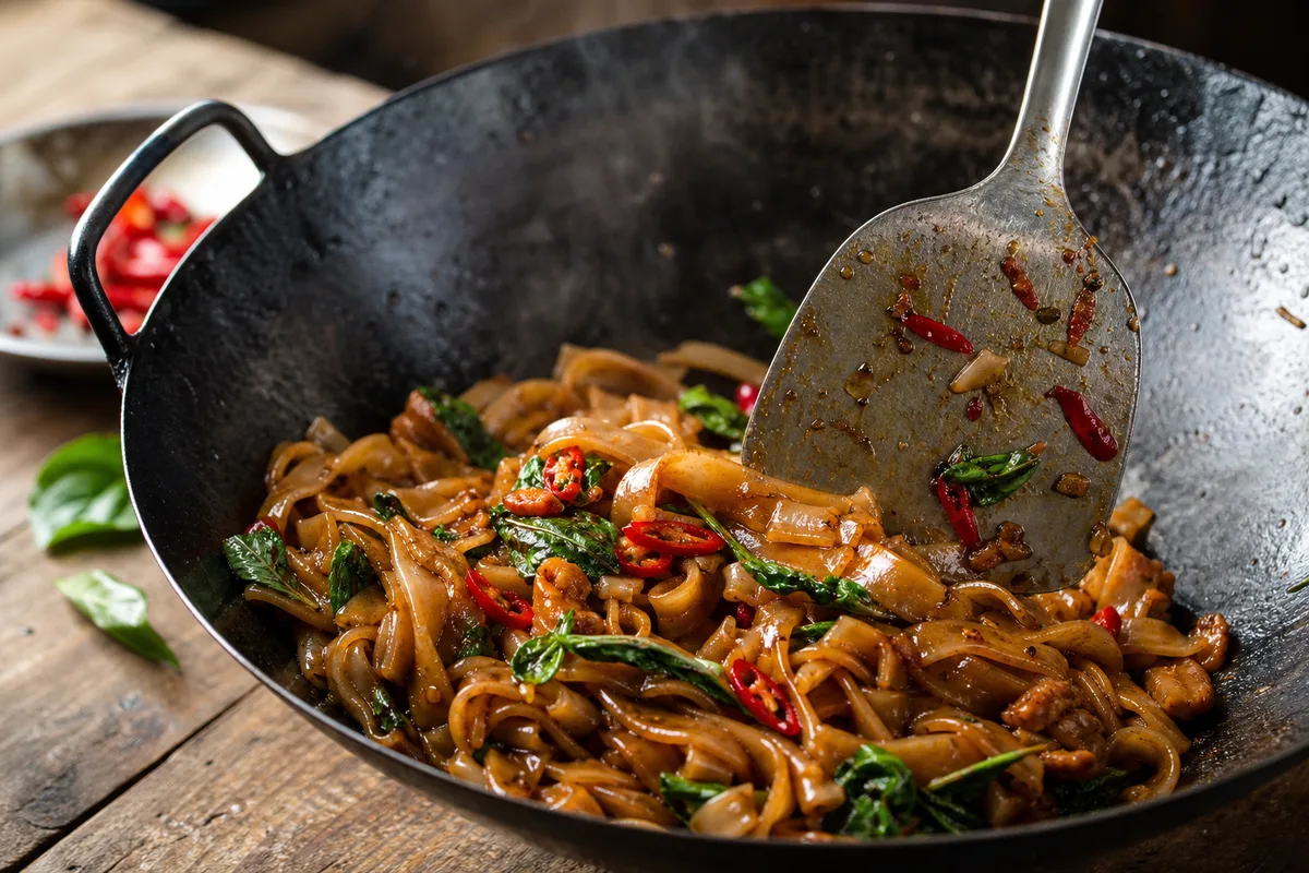 Nouilles plates larges en train de caraméliser dans un wok noir, spatule métallique en action