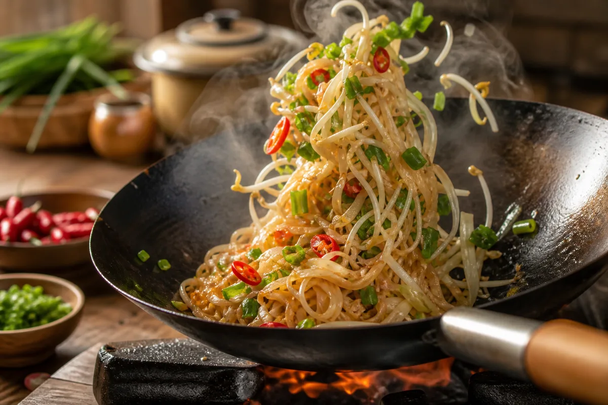 Wok en acier très chaud dans lequel des nouilles de riz sautent avec des germes de soja et de la ciboule