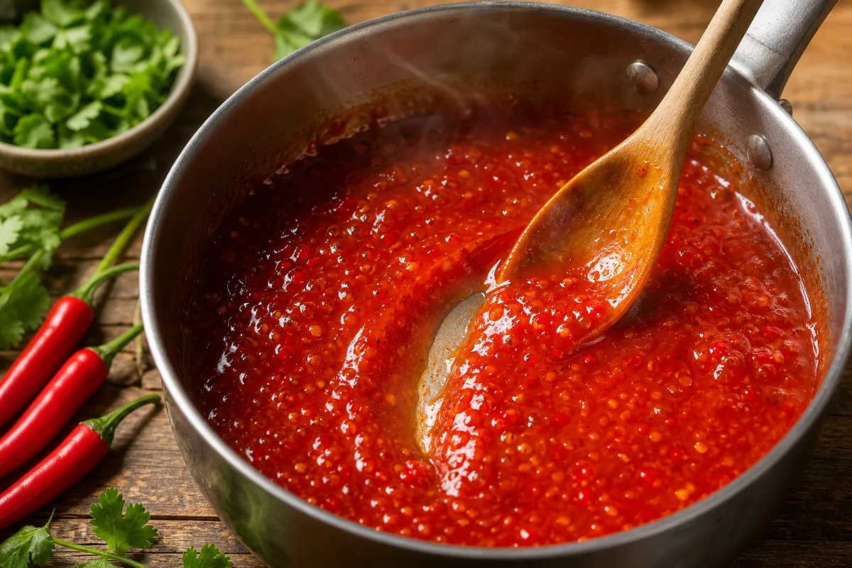 Casserole de sauce rouge translucide au piment en train d&rsquo;épaissir, cuillère qui laisse une trace