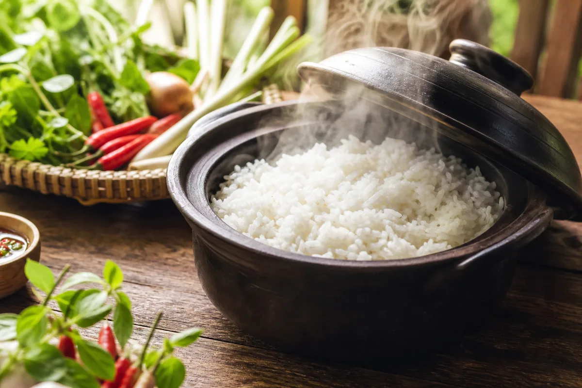 Casserole de riz jasmin cuit, couvercle soulevé, vapeur qui monte au-dessus des grains
