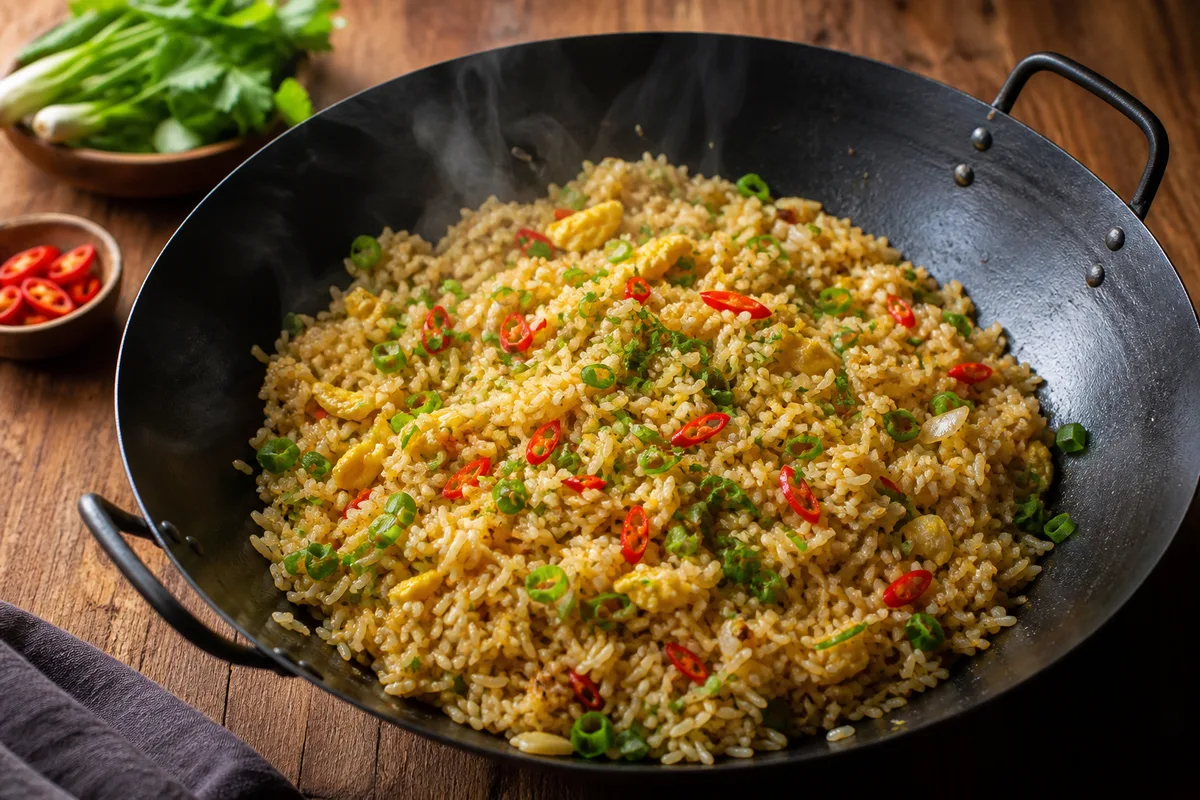 Riz sauté aux grains bien séparés dans un wok noir, avec ciboule et œuf