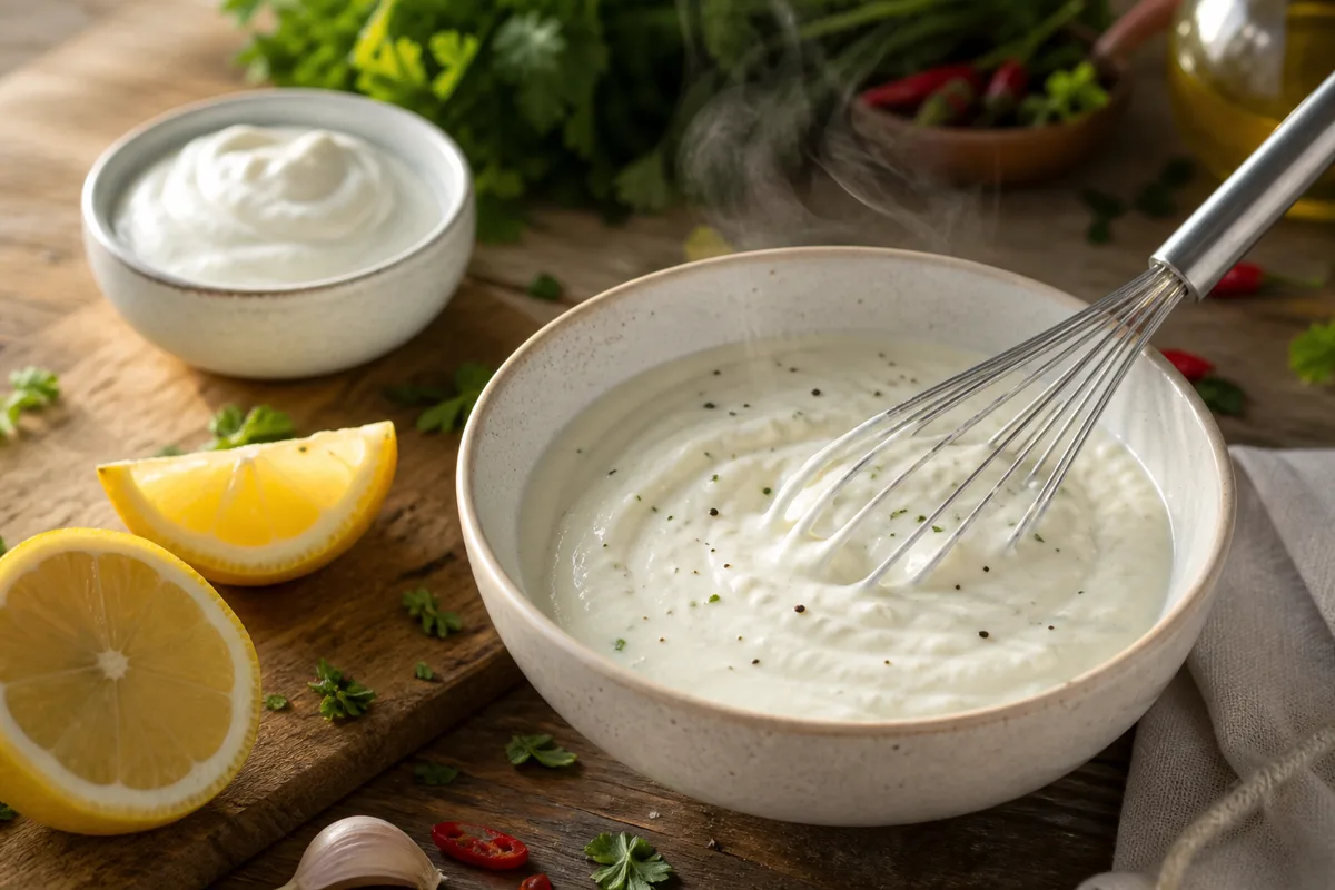 Bol de sauce blanche épaisse avec un fouet, à côté d&rsquo;un yaourt et d&rsquo;un citron coupé