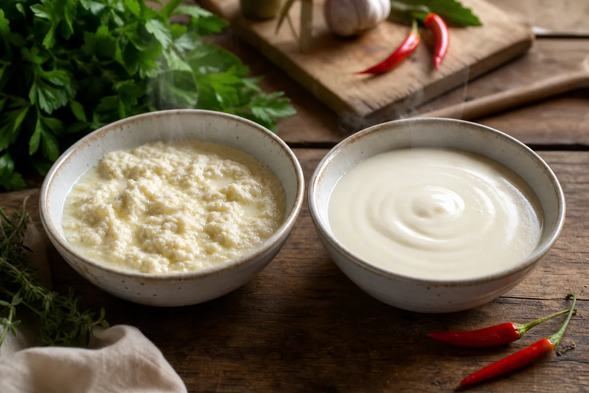 Sauce blanche granuleuse et tranchée dans un bol, à côté d&rsquo;une sauce lisse réussie